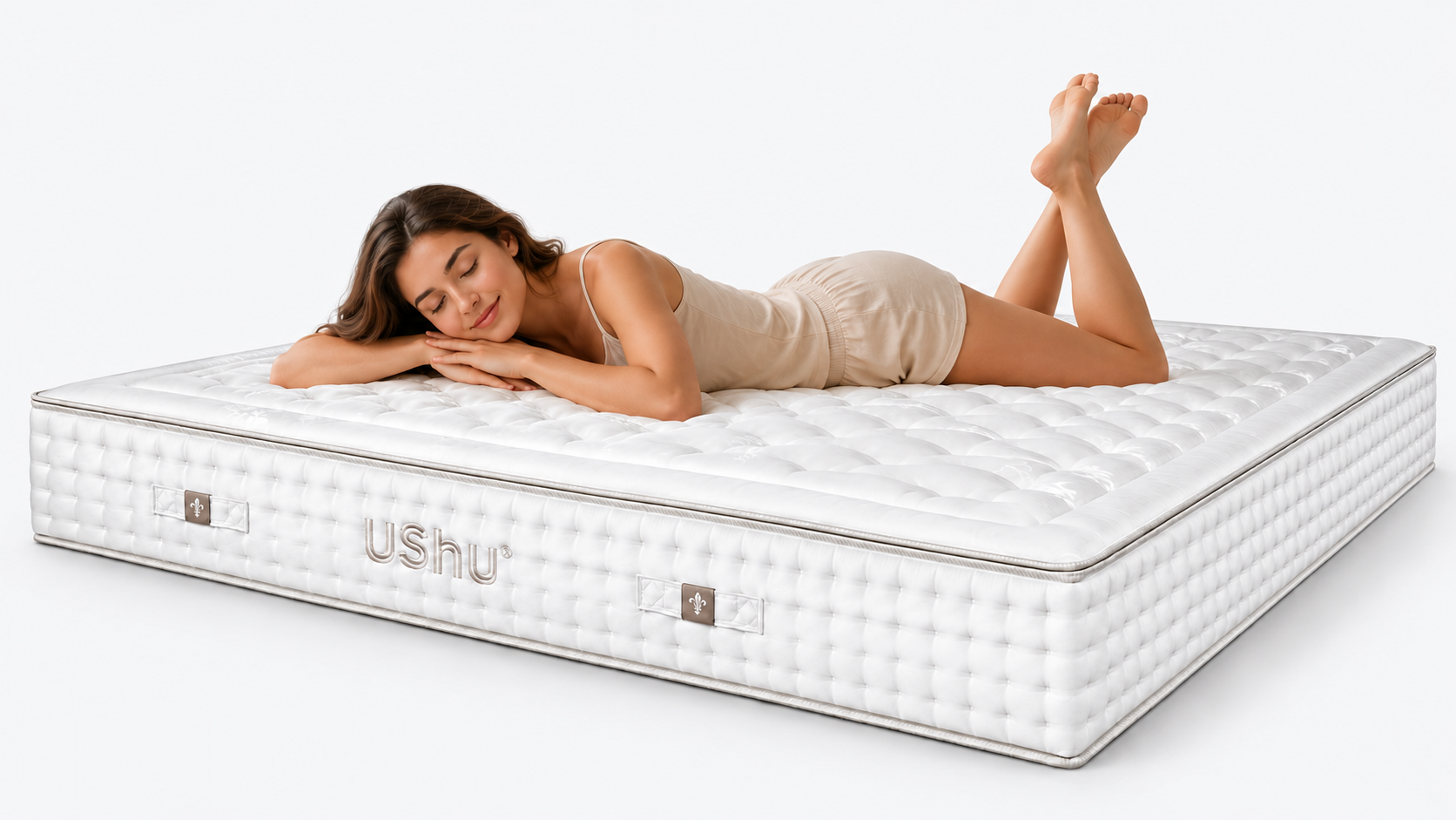 Luxusní matrace USNU ELITE s komfortním potahem a odpočívající ženou, USNU